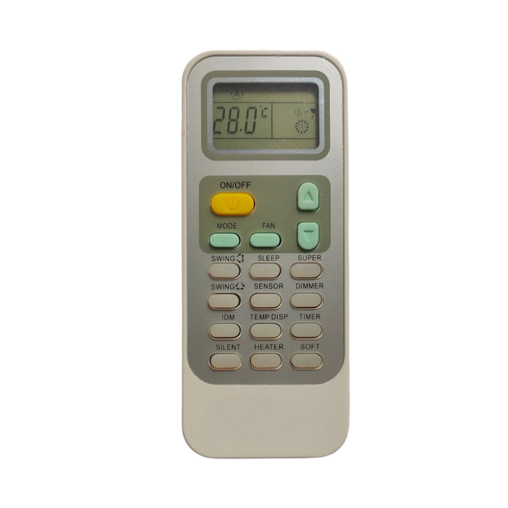 Multi-colored Infrared Remote No. 44 compatible with Panasonic AC Remote Control, suitable for Hisense AC remote (same model only). Long-range device (maximum range: 30 feet) facilitates operation from sofa, divan, or bed. Ergonomic design offers easy grip and lightweight use