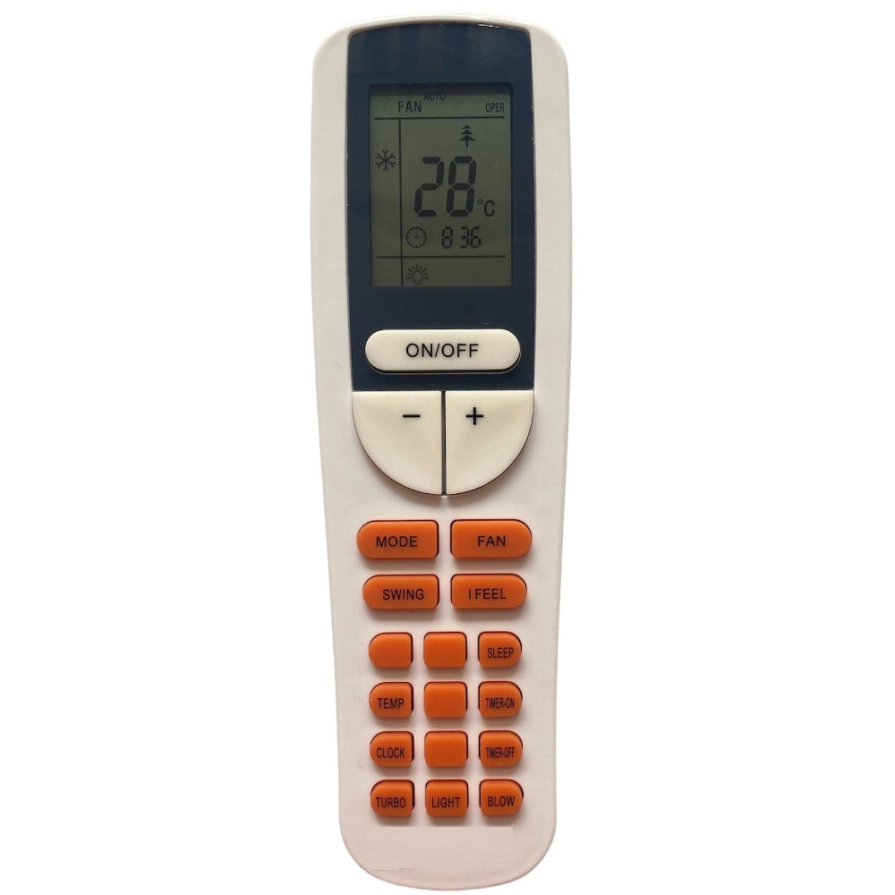 Multi-colored infrared remote compatible with Voltas AC, max range 30ft, facilitates long-distance control from sofa or bed
