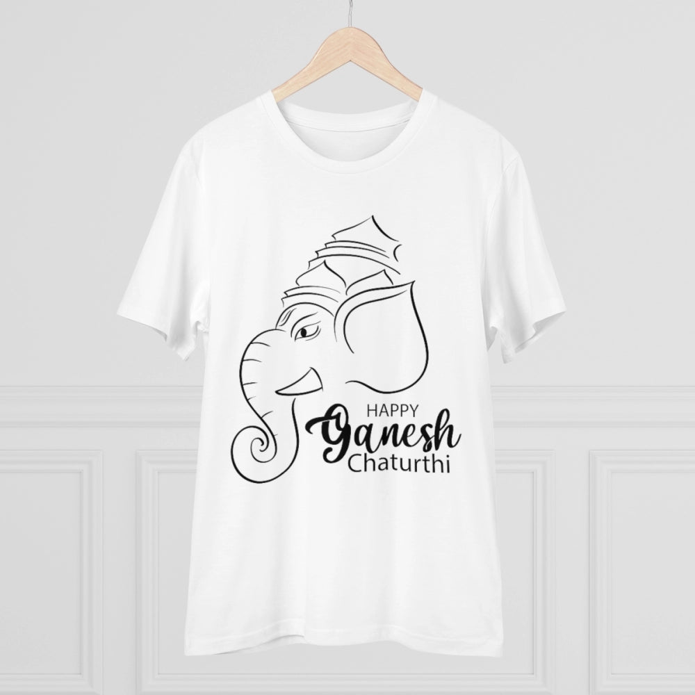 White PC Cotton Ganesh Printed T-shirt, half sleeve, round neck for men's casual wear