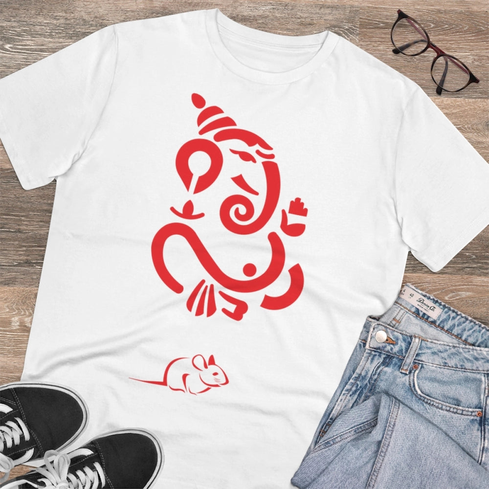 White PC Cotton Ganesh Printed Men's T-Shirt, half sleeve round neck, 180GSM thread count
