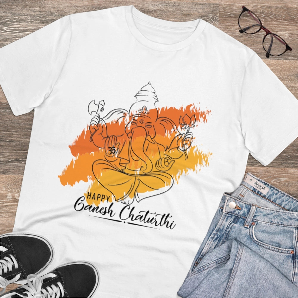 White PC cotton Ganesh printed men's t-shirt, half sleeve with round neck, casual occasion