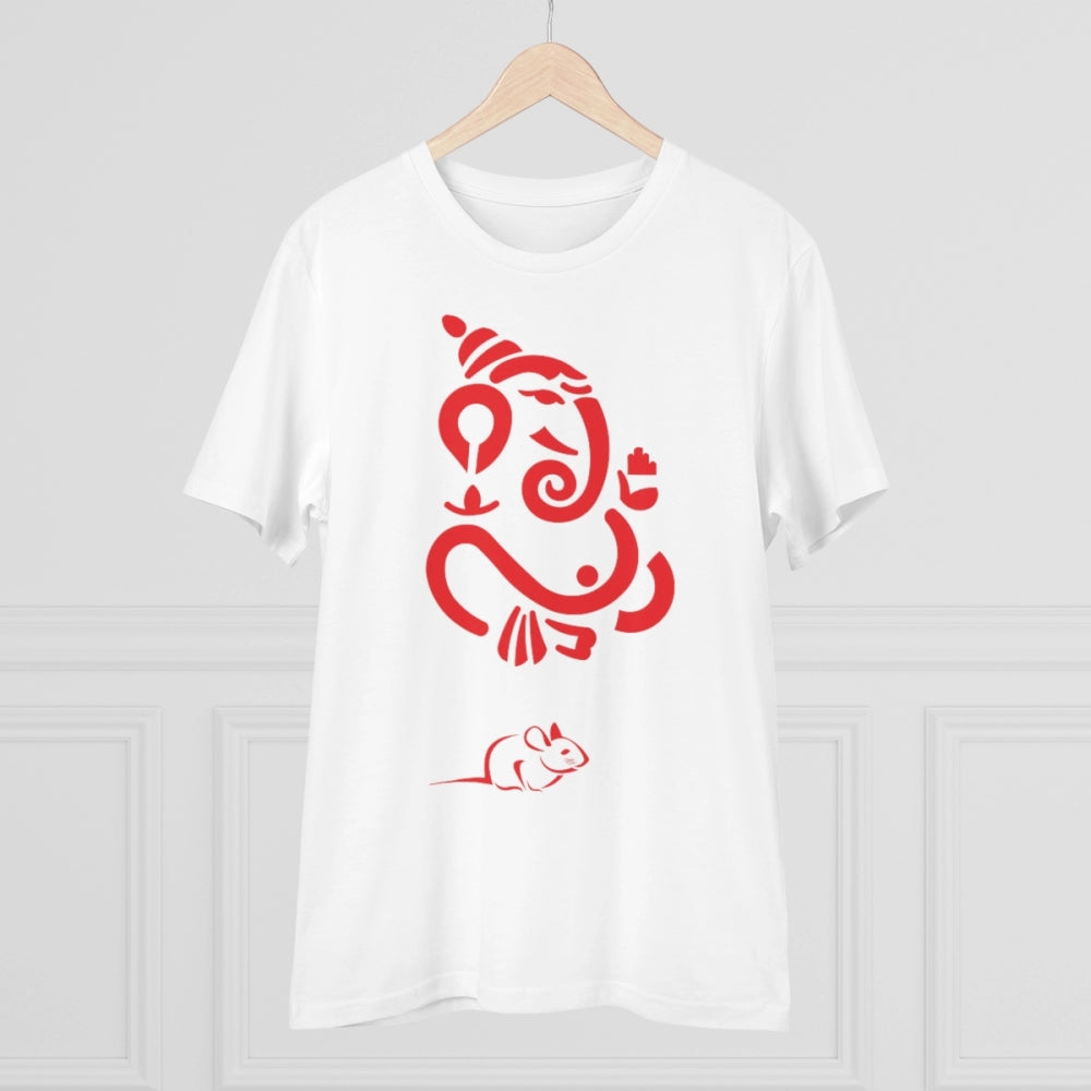 White PC Cotton Ganesh Printed T-Shirt (180GSM), men's casual wear featuring half sleeve round neck design