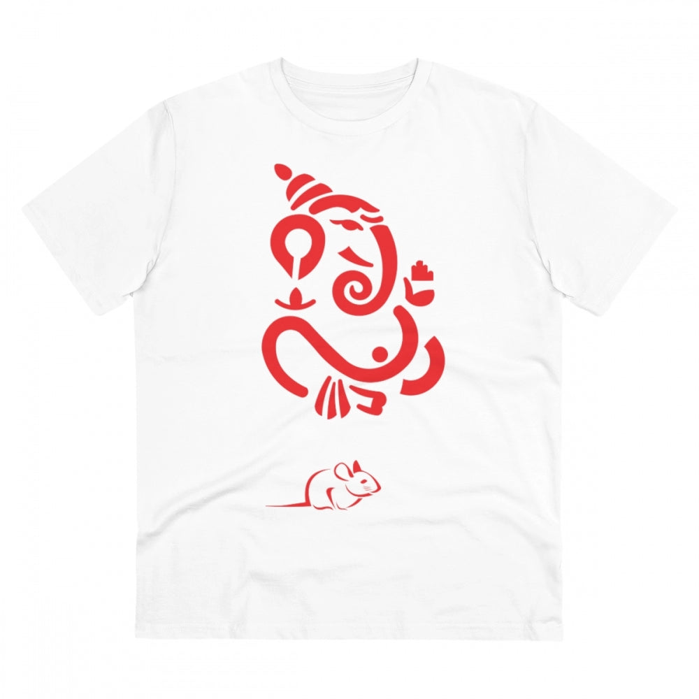 White PC Cotton Men's Ganesh Printed Half Sleeve T-Shirt (180GSM), casual wear featuring Indian mythology design