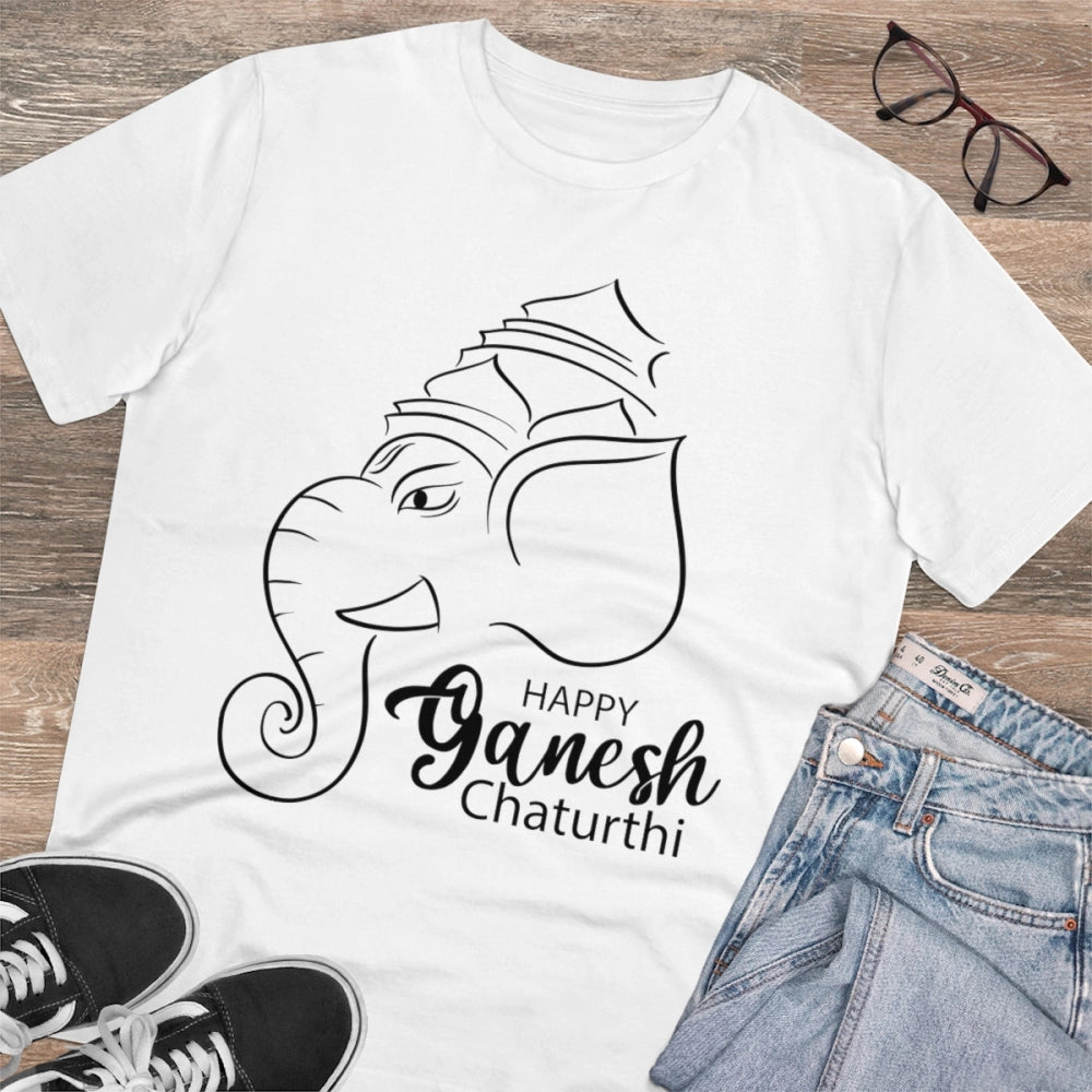 White PC cotton Ganesh printed men's t-shirt (half sleeve, round neck), 180GSM thread count