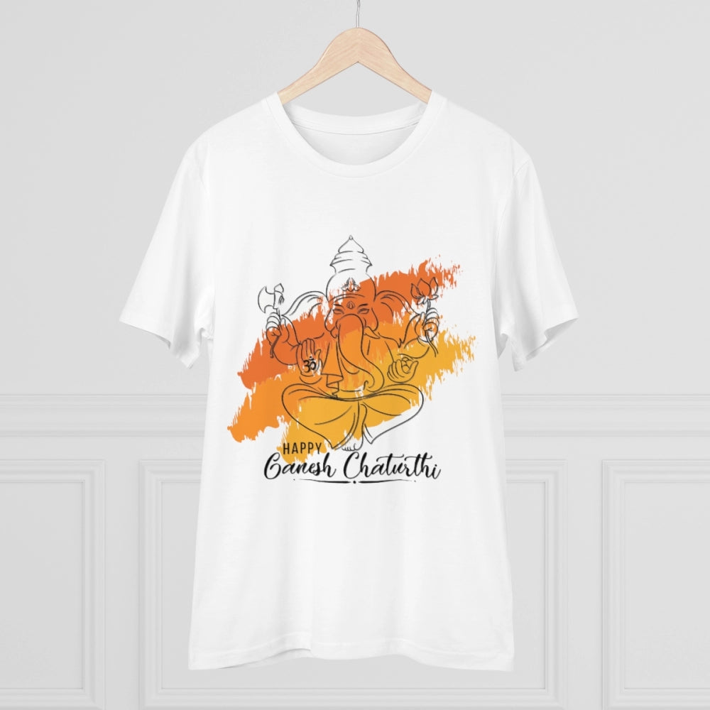 White PC Cotton Men's Ganesh Printed Half Sleeve T-Shirt, casual occasion wear
