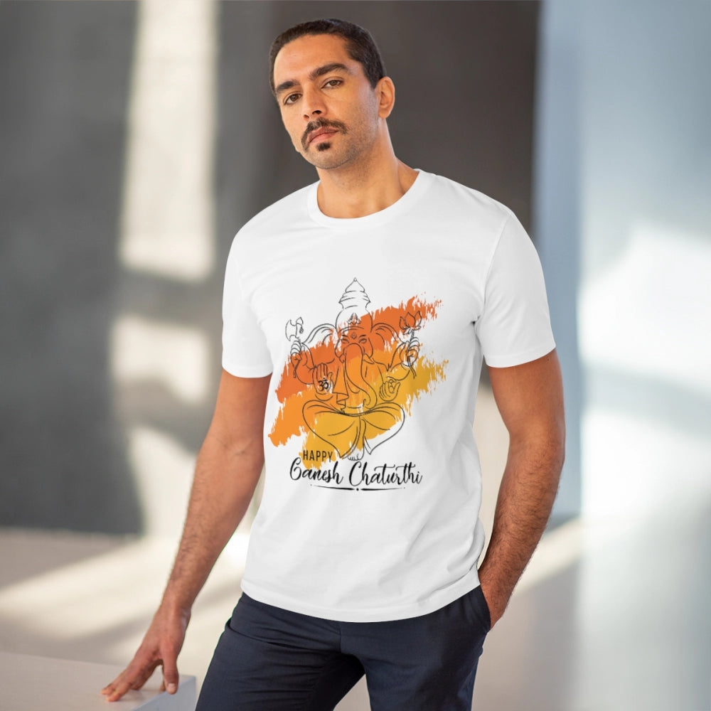 White PC Cotton Ganesh printed men's t-shirt, half sleeve, round neck design for casual occasions