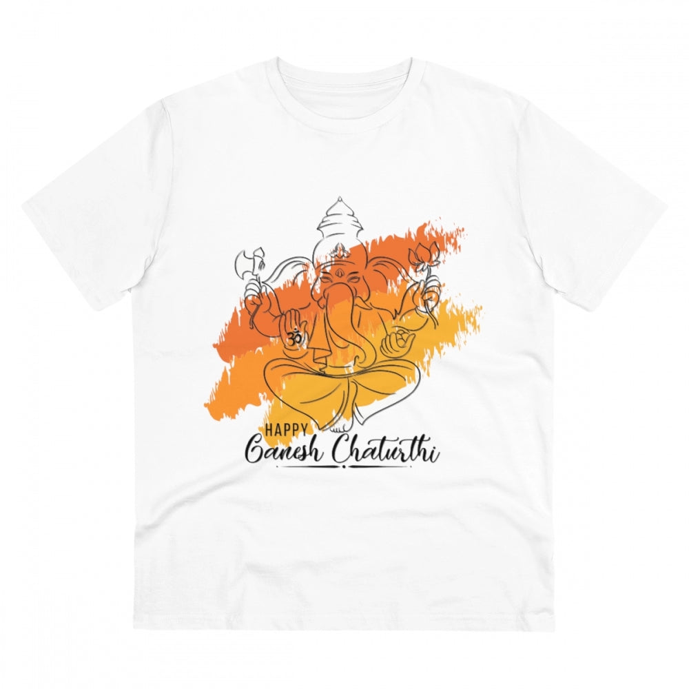 White PC Cotton Ganesh Printed T-shirt for men, half sleeve round neck design with 180GSM thread count