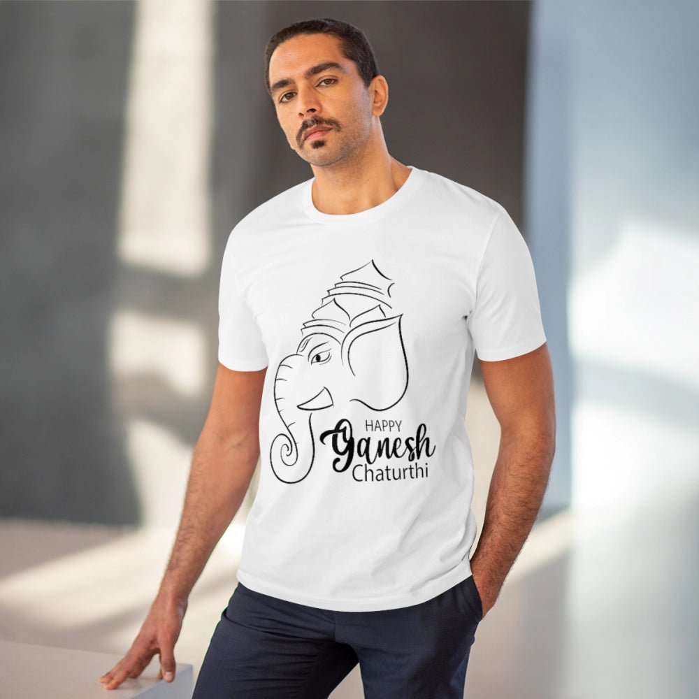 White PC Cotton Ganesh Printed T-Shirt for men, half sleeve round neck, 180GSM quality