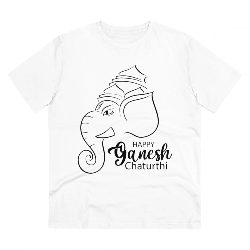 White PC Cotton men's Ganesh printed half-sleeve T-shirt, 180GSM thread count for casual wear