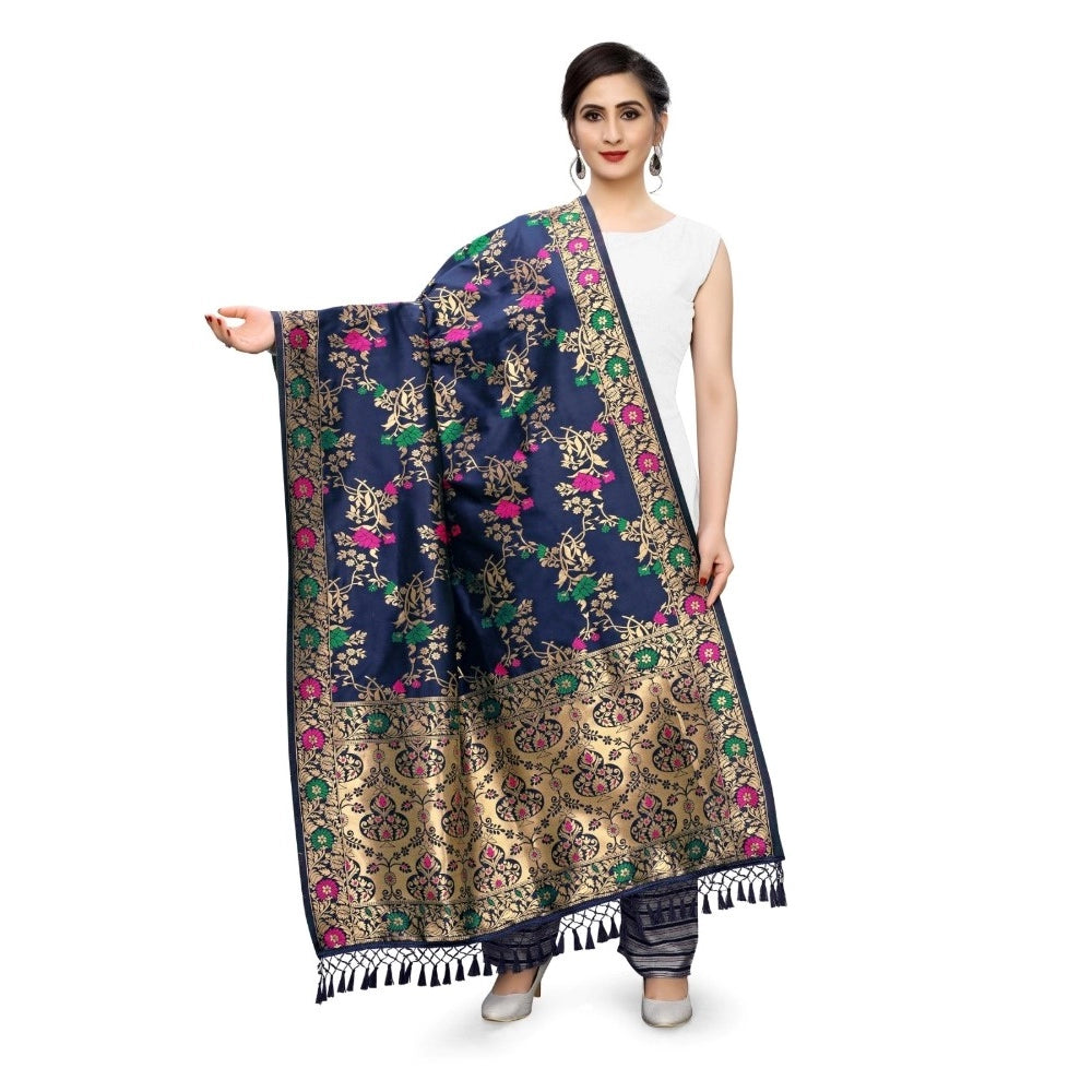 Navy Blue Silk Zalhar Work Duppatta, 223 meters length for traditional wear