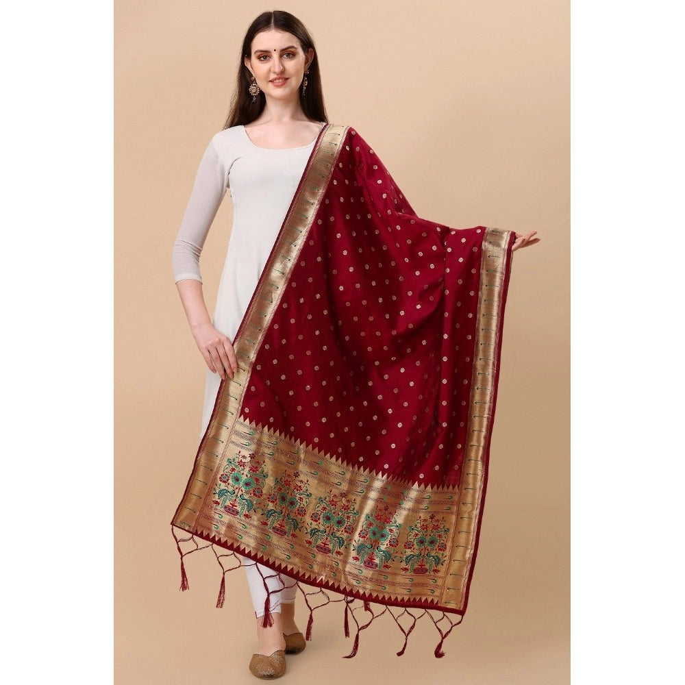 Maroon silk Pure Zari weaving Duppatta for traditional wear, intricate Zalhar work design, length 2-2.3 meters, width 36 inches