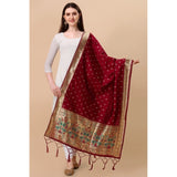 Maroon silk Pure Zari weaving Duppatta for traditional wear, intricate Zalhar work design, length 2-2.3 meters, width 36 inches