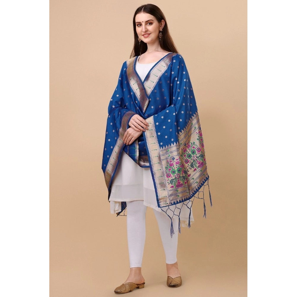 Blue Silk Zari weaving Duppatta for traditional wear (length 2-2.3m), intricate Zalhar pattern detail