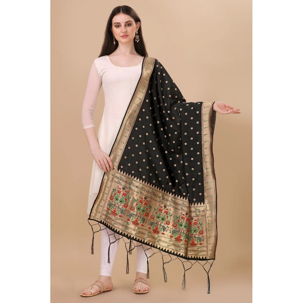 Black silk Zari weaving Duppatta for traditional wear, length 223 meters, zalhar pattern detail