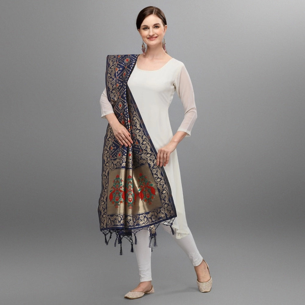 Navy Blue Silk Zari weaving Duppatta for traditional wear (Length: 2-2.3 Mtrs)