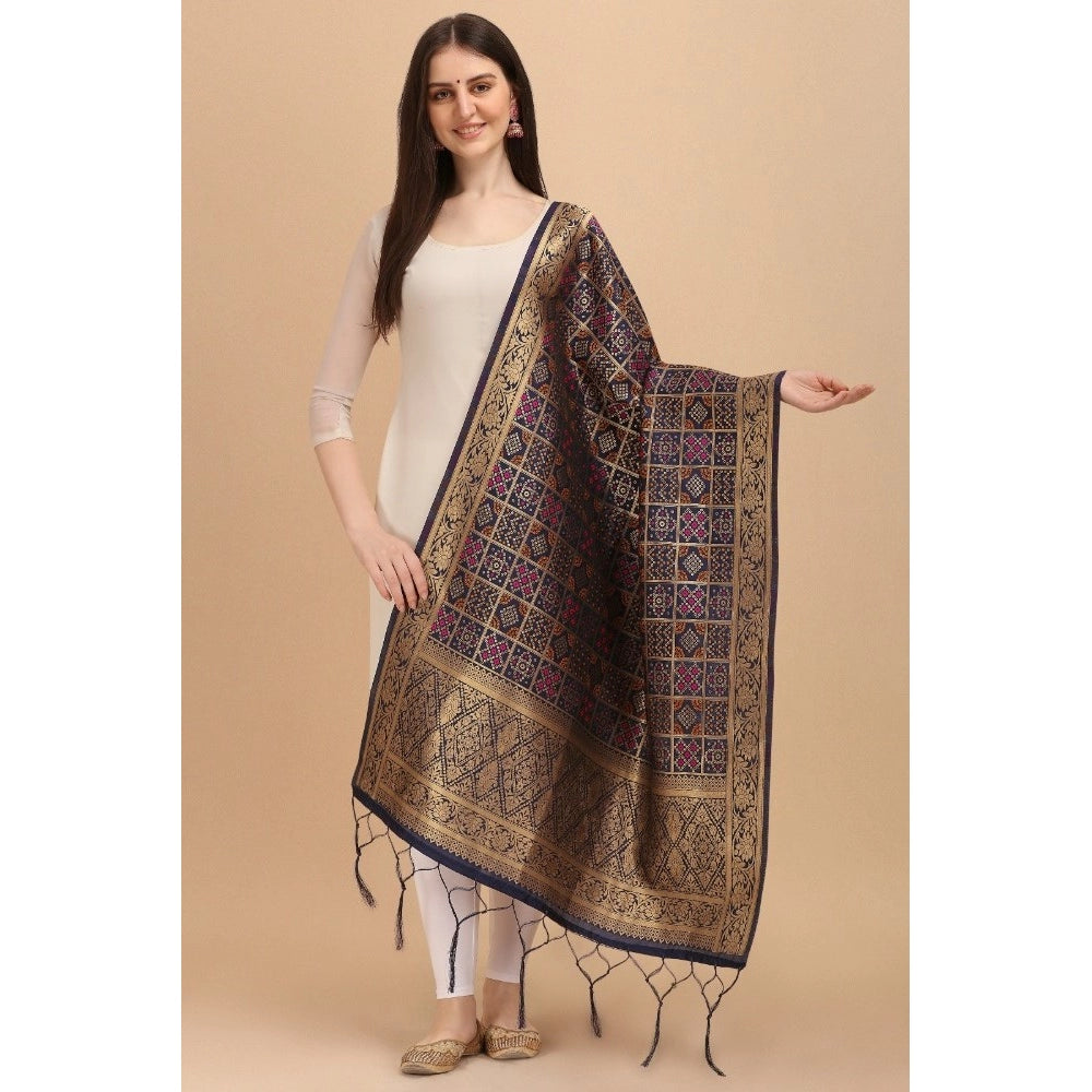 Navy Blue Silk Zalhar Work Duppatta for Traditional Wear, length 223 meters (may slightly differ from image)
