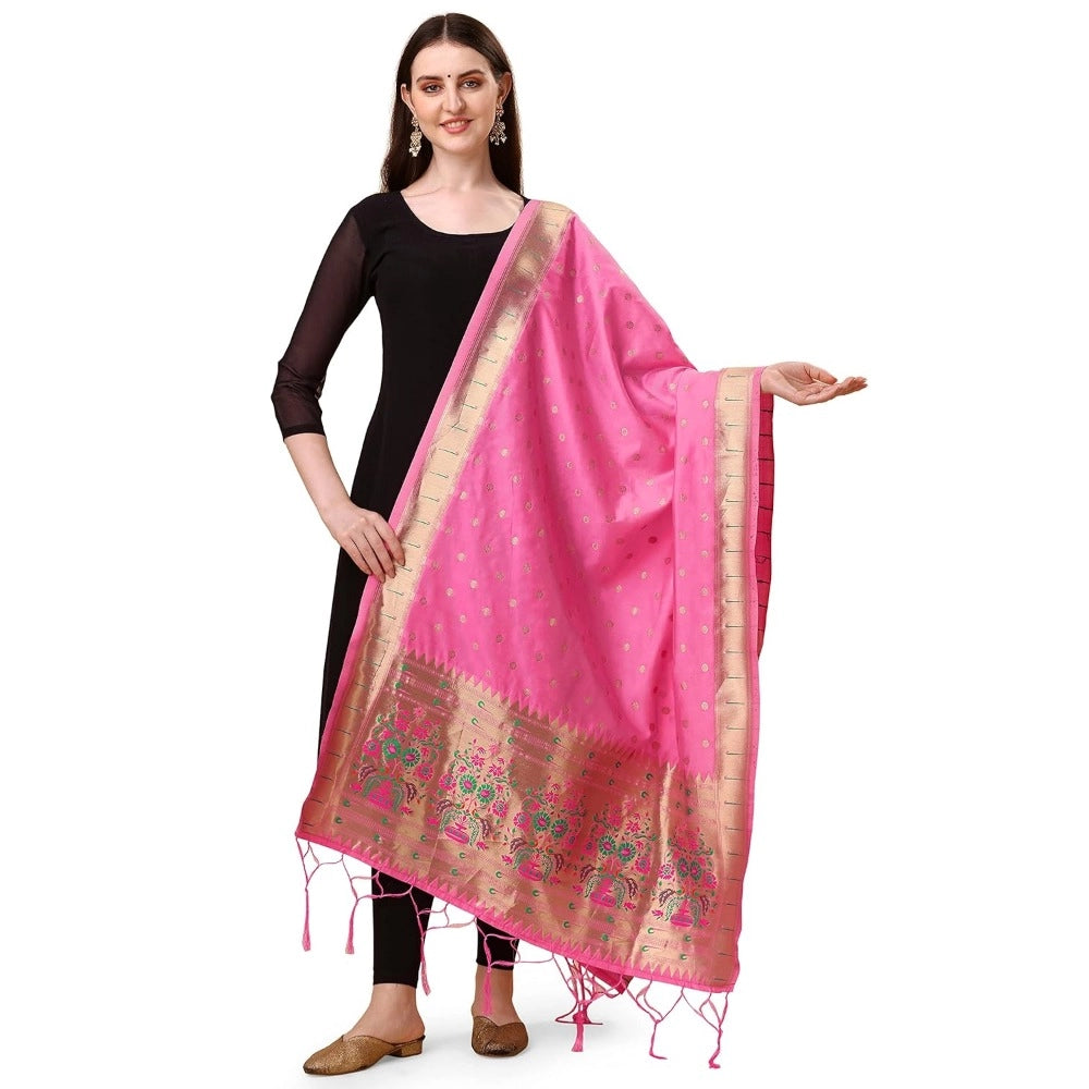 Light Pink Silk Zari weaving Duppatta for traditional wear, 223 meters long, intricate Zalhar pattern