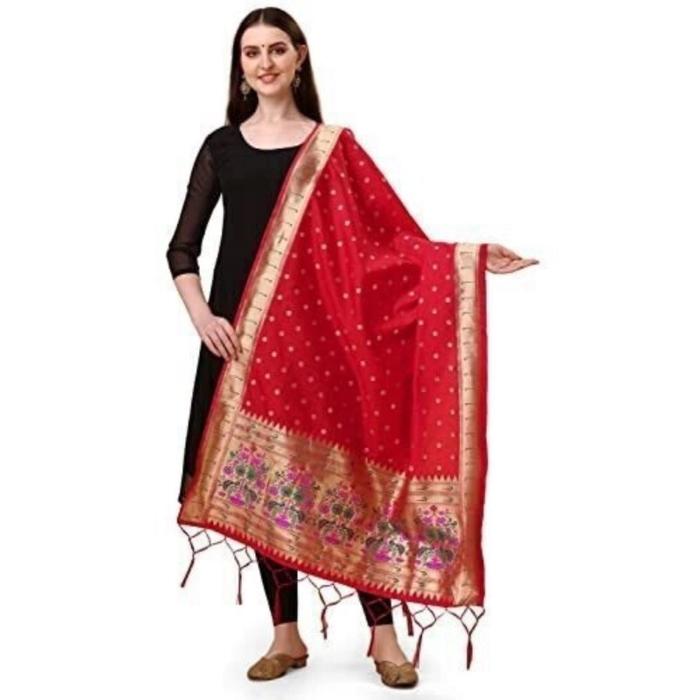 Red silk Zari weaving Duppatta (223 mtrs), traditional Indian wear with 36-inch width