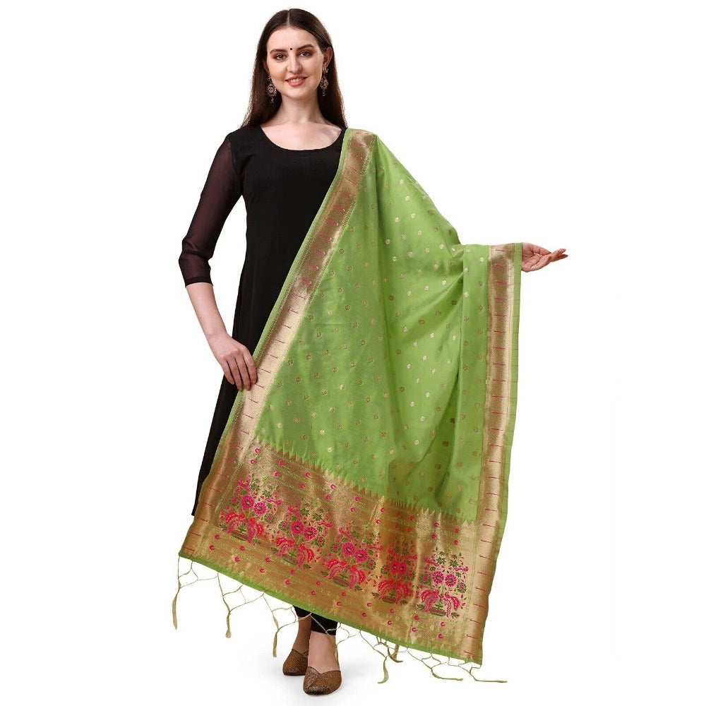 Light green silk Zari weaving Duppatta for traditional wear, 223 meters length