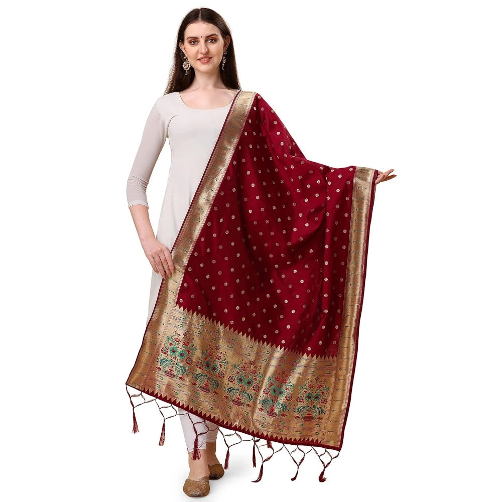 Maroon silk Duppatta with Zalhar work for traditional wear (Length: 2-2.3 Mtrs)