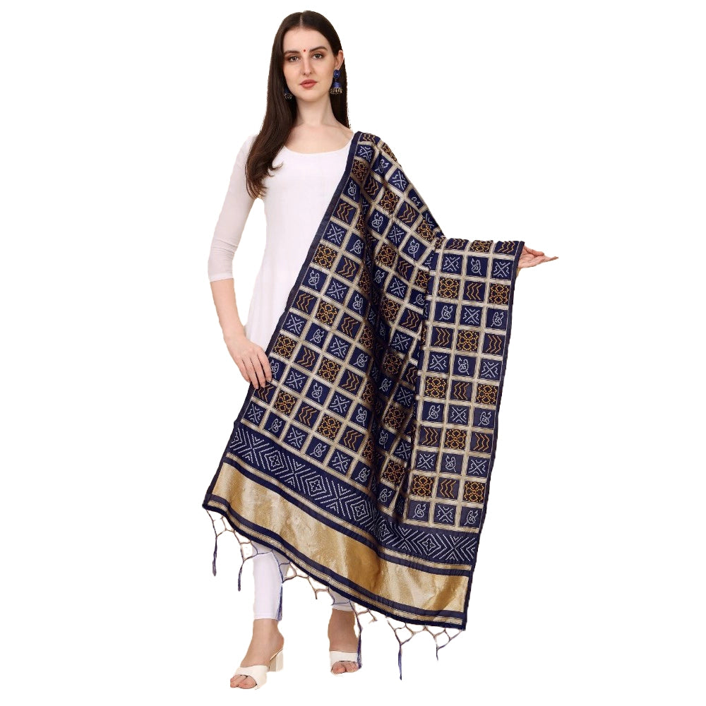 Navy Blue Silk Zalhar Work Duppatta for Traditional Wear, 223 meters length