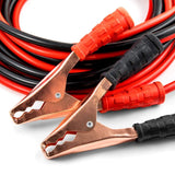Red heavy-duty jumper cables with copper clamps and textured black handles.