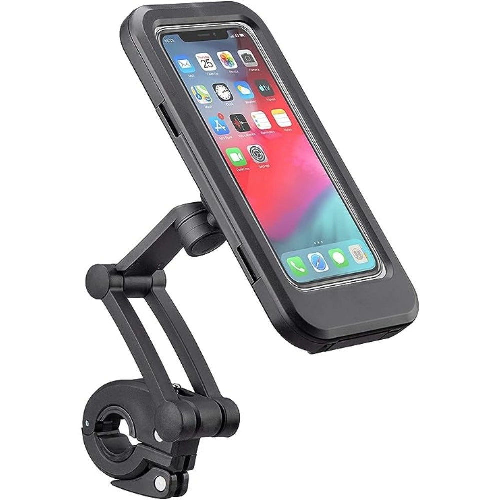 Black waterproof phone mount with 360° rotation and sturdy clamp