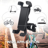 Black plastic motorcycle mobile holder, wide compatibility phone mount with 360-degree rotation and adjustability for nearly all mobile devices, easy installation and removal, soft non-slip protection pads included