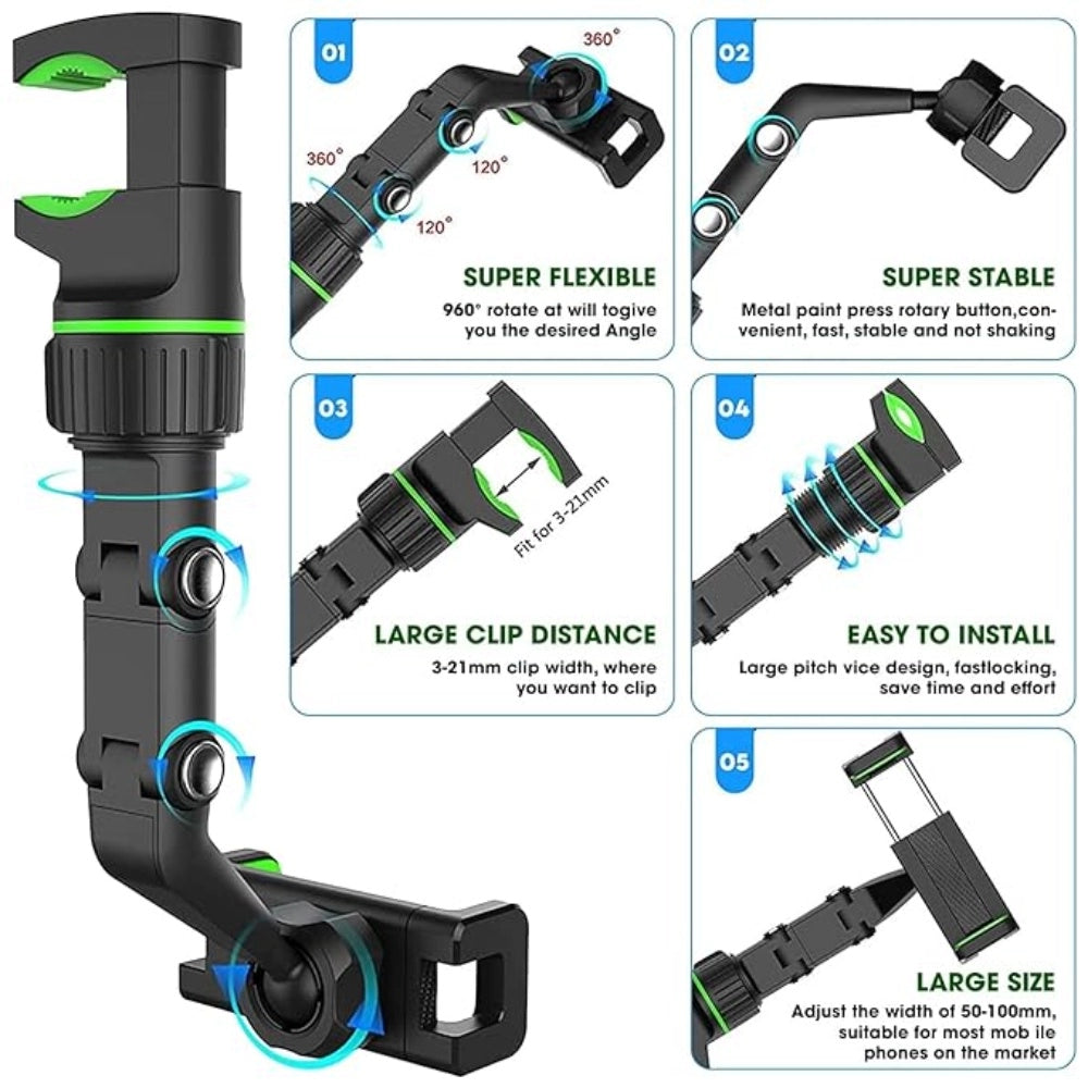 Black ABS plastic universal cell phone holder, adjustable clip for car rear view mirror or back seat video stand