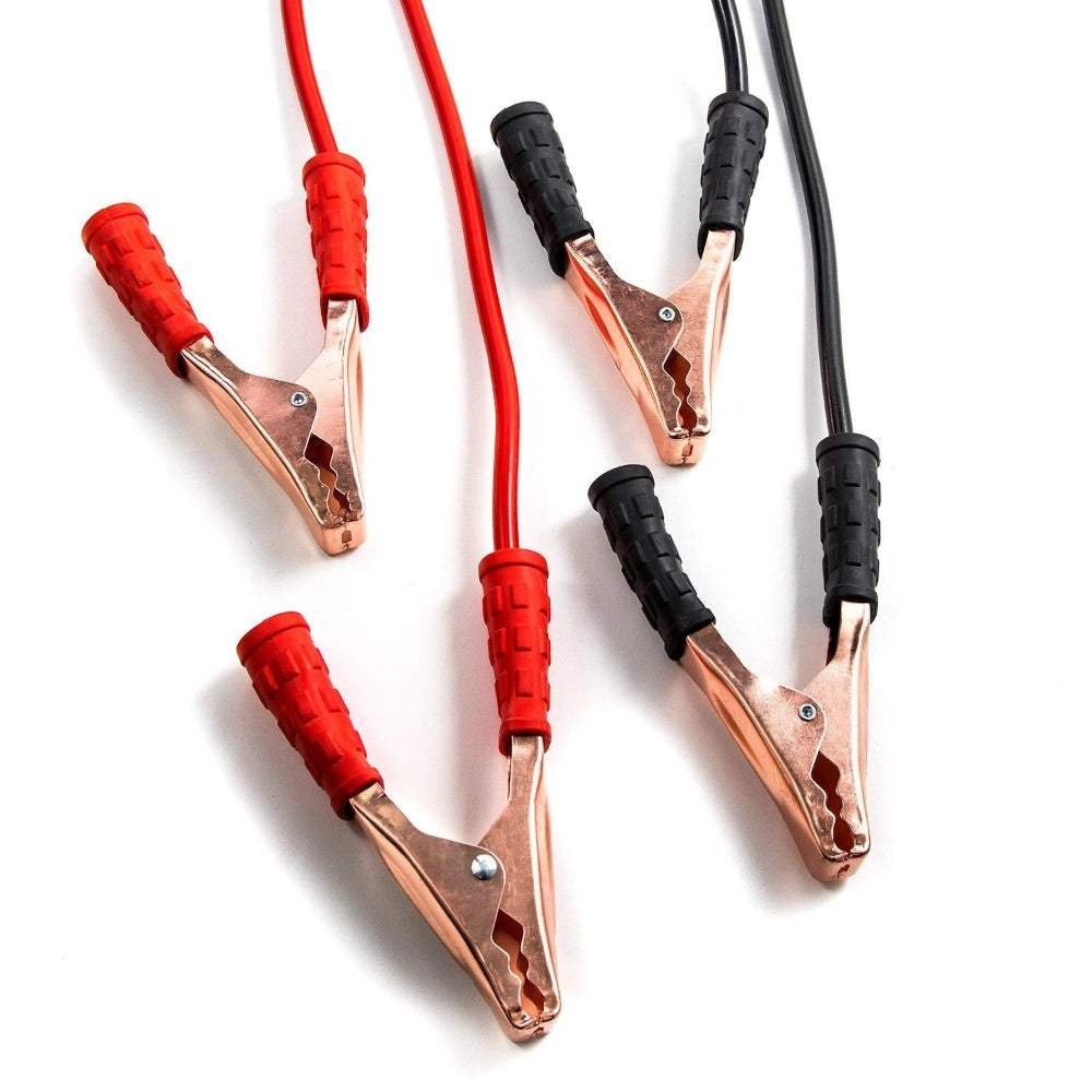 Red & black jumper cables, copper clamps, heavy-duty, anti-tangle cables.