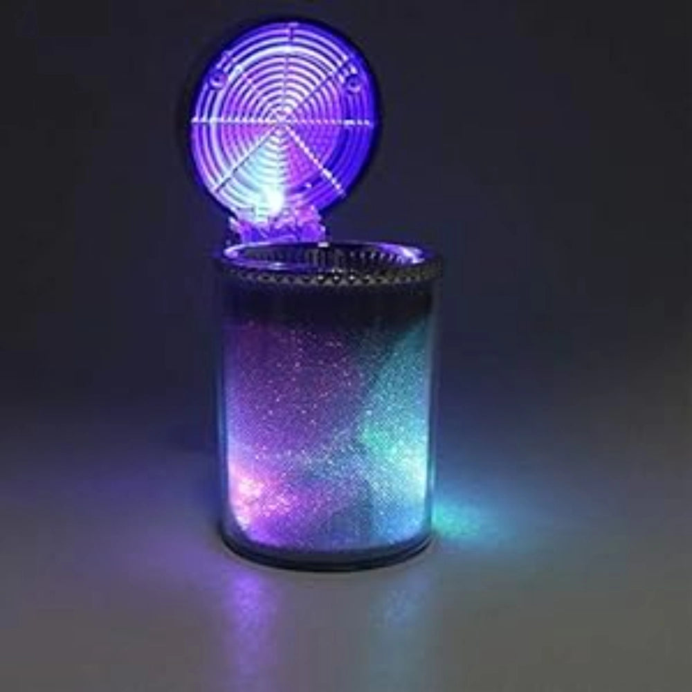 Multicolor ABS Plastic Designer Car Ashtray with LED light, featuring blue and rainbow colors for nighttime visibility