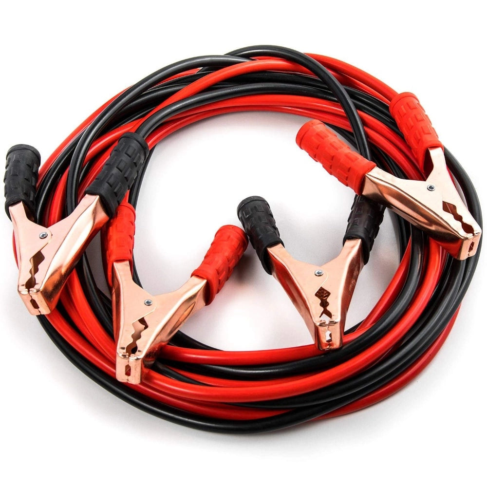 Red & black heavy-duty jumper cables with copper clamps, anti-tangle, 500 amp.
