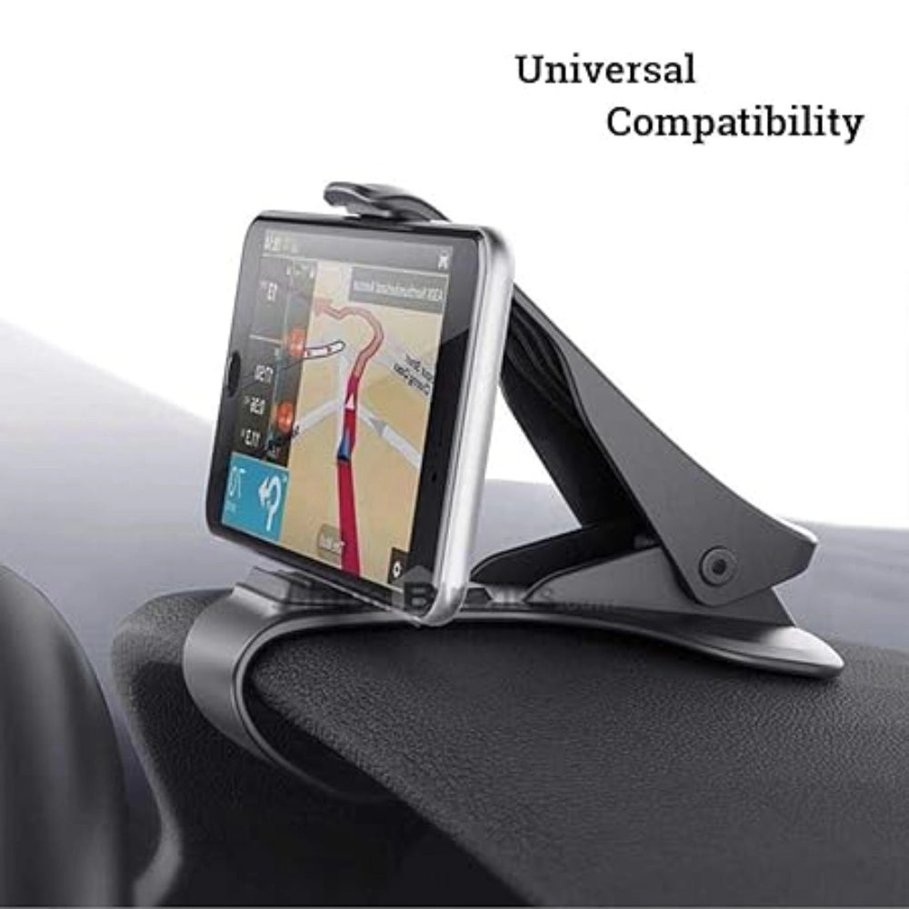 Black plastic car phone holder with double curved base and non-slip silicone pad, keeps smartphones stable on dashboard