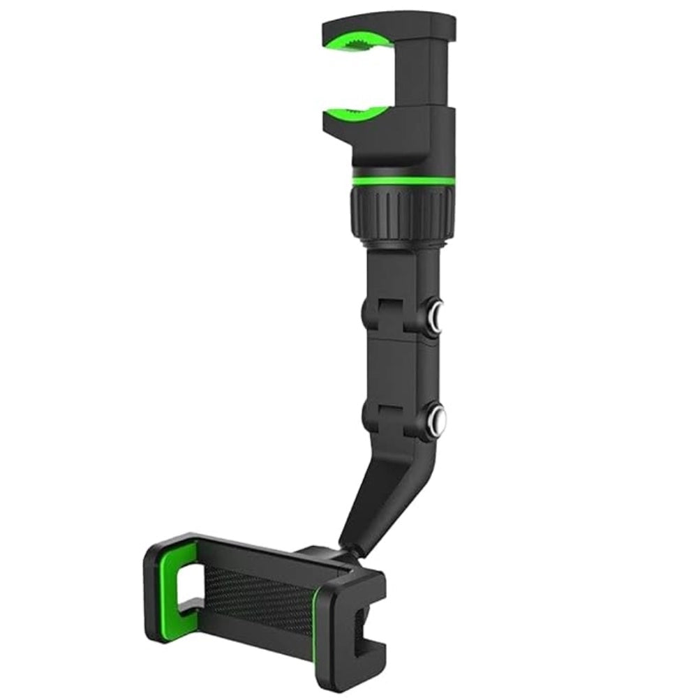 Black ABS plastic universal cell phone holder, adjustable for car rear view mirror or back seat, flexible multi-joint design