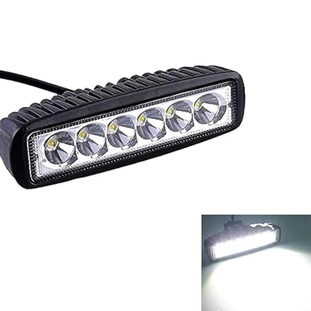 Black plastic strip with 6 LED straight fog lights projector lens for improved visibility during low-light conditions, offering superior light effects and brightness for enhanced safety while riding at night