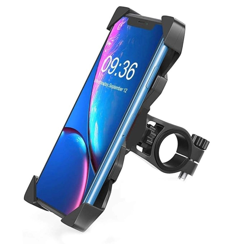 Black plastic motorcycle mobile holder with wide compatibility and adjustable 360-degree rotation. Securely locks cell phones with soft non-slip protection pads for easy installation
