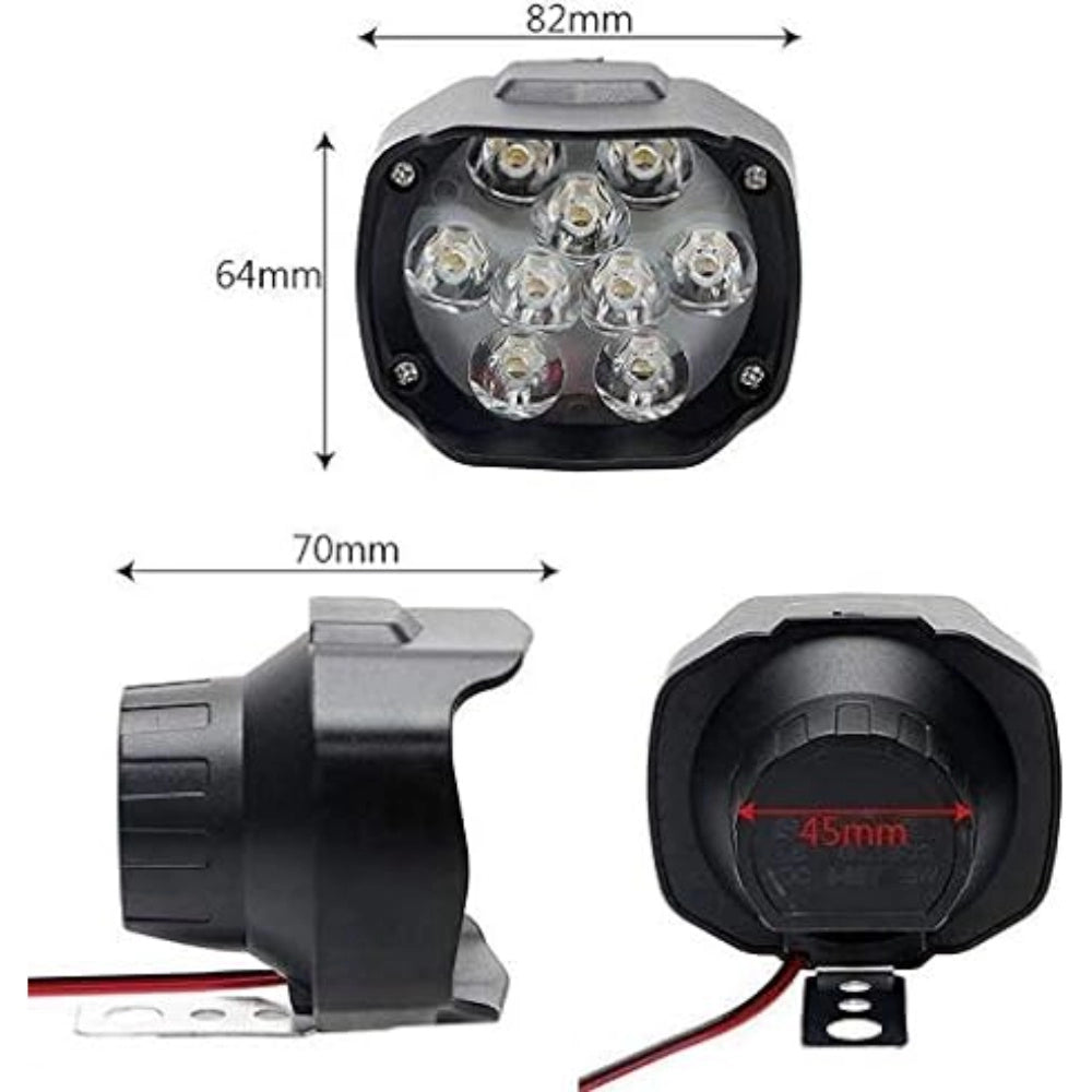 Black plastic Shilon 9 LED waterproof bike switch set, offers clear beam patterns for vehicles. Compact design with plug-and-play installation, features die-cast aluminum construction. Great for night time driving and off-road adventures. Color may vary due to lighting conditions and screen resolutions