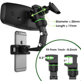 Black adjustable phone holder for car rear view mirror, universally compatible and stylishly designed for easy installation and flexible adjustment
