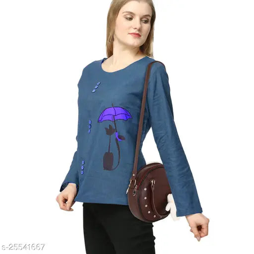 Trendy fashionable blue women's long sleeve shirt with umbrella design