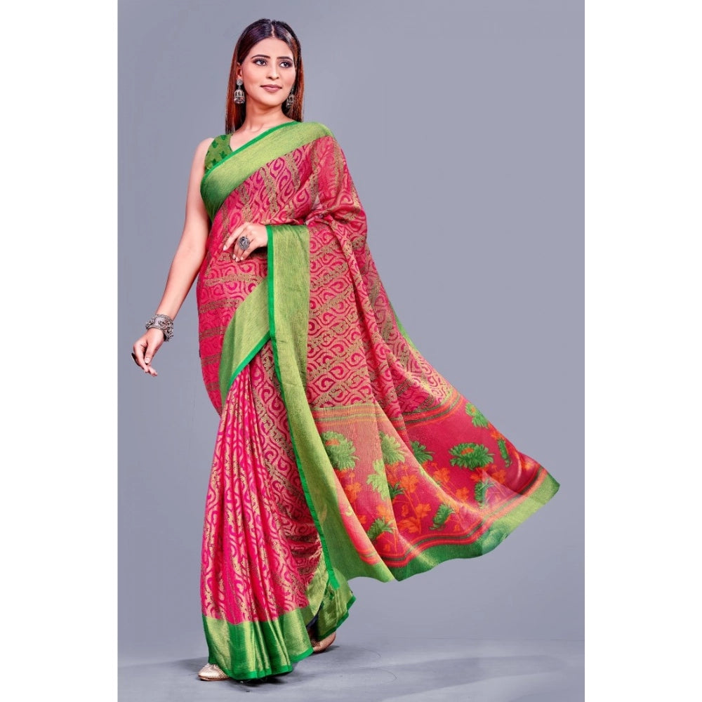 Pink viscose rayon printed saree with unstitched blouse, vibrant pattern for women's fashion