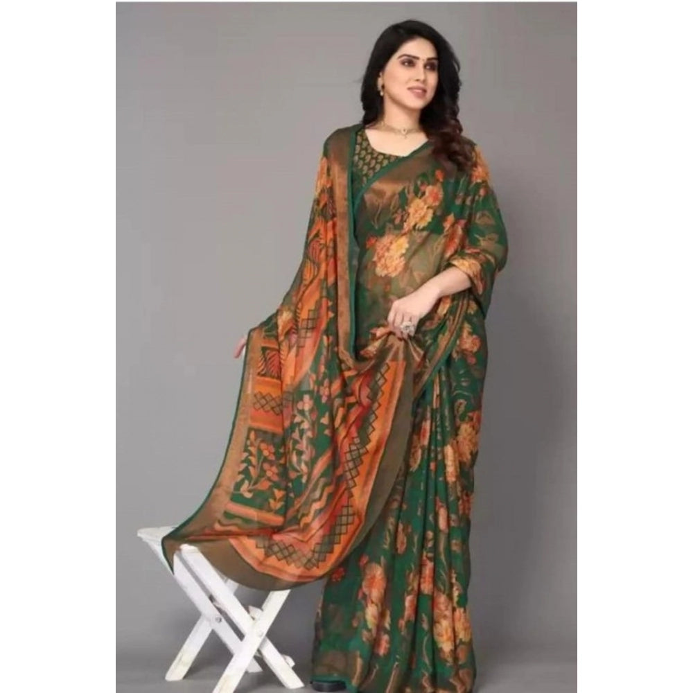 Green viscose rayon printed saree with unstitched blouse, vibrant Indian traditional wear for women on display