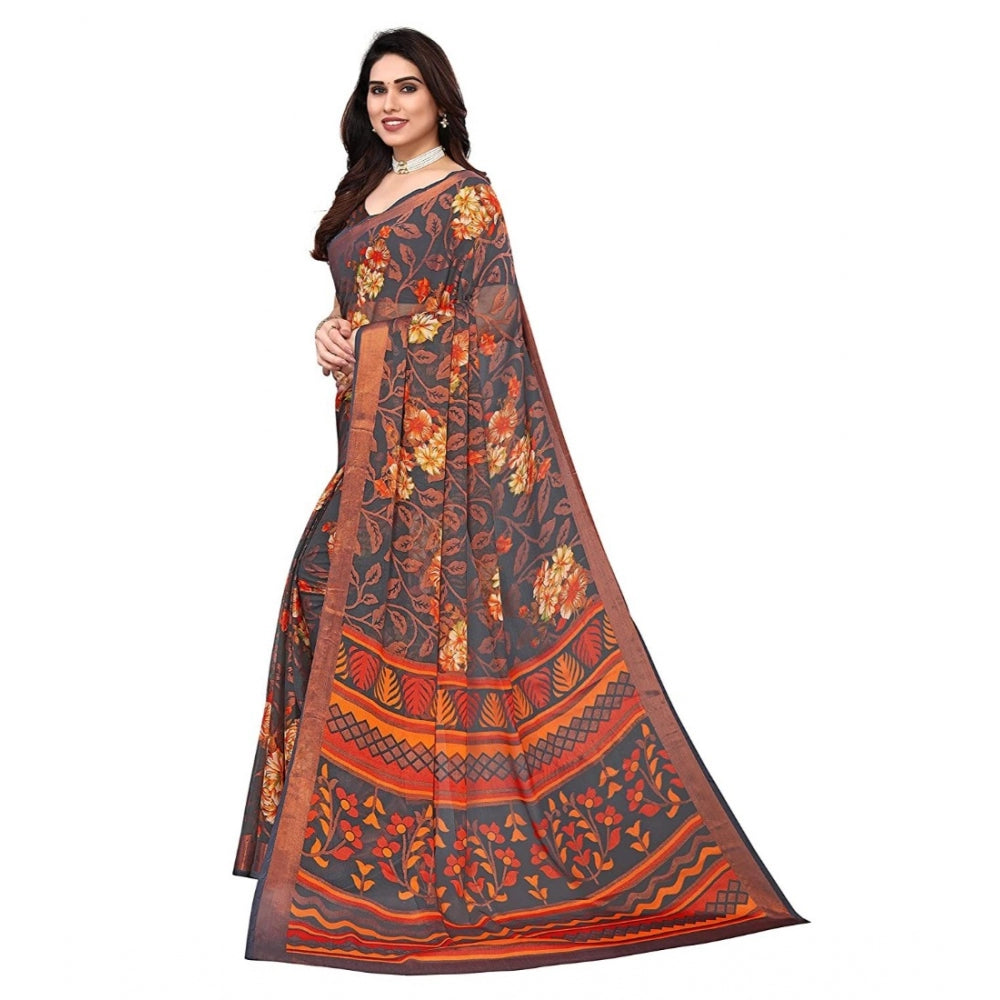 Women's Viscose Rayon Printed Saree With Unstitched Blouse (Grey) - GillKart