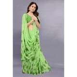 Green georgette printed saree with unstitched blouse for women, vibrant Indian fashion accessory on mannequin