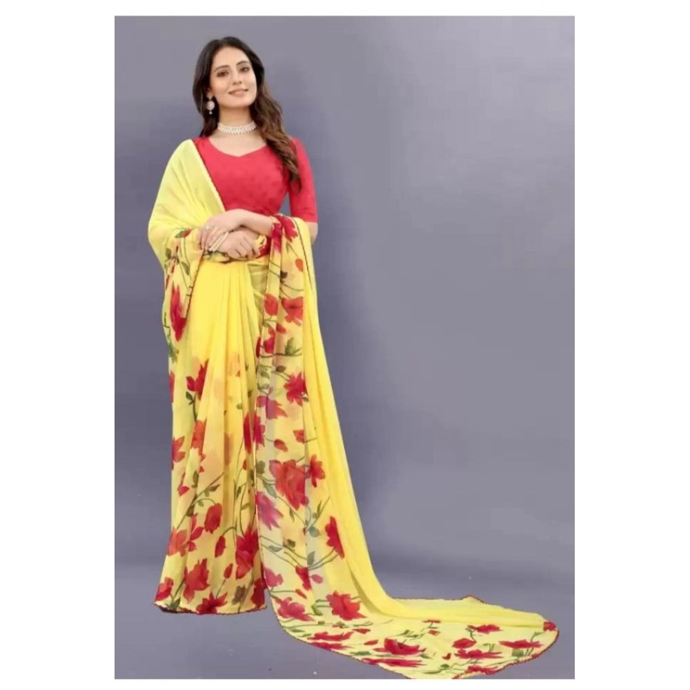 Women's Georgette Printed Saree With Unstitched Blouse (Yellow) - GillKart