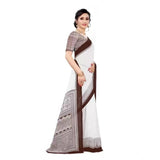 Coffee georgette printed saree with unstitched blouse, women's traditional Indian wear on mannequin
