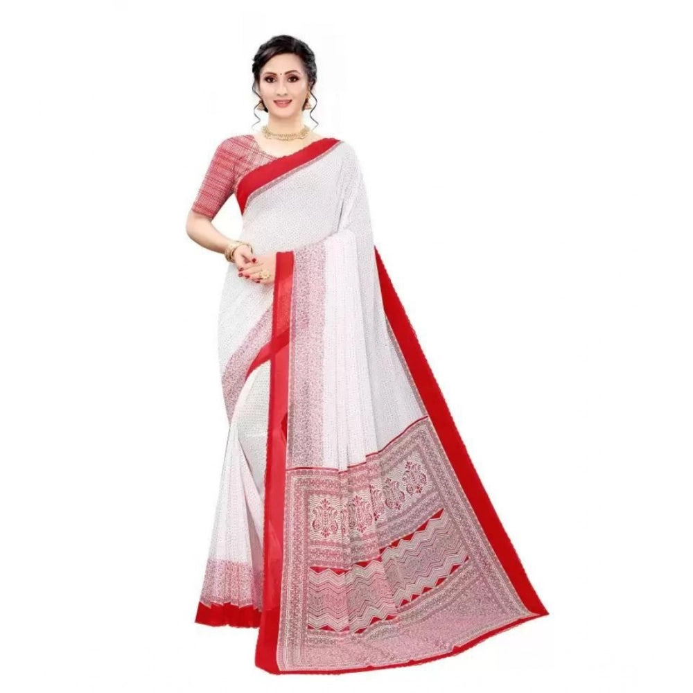 Red georgette printed saree with unstitched blouse, vibrant Indian women's attire on display