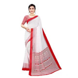 Red georgette printed saree with unstitched blouse, vibrant Indian women's attire on display