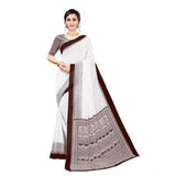 Coffee Georgette printed saree with unstitched blouse, women's traditional Indian attire on mannequin