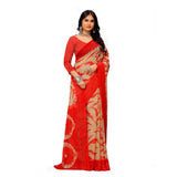 Red georgette printed saree with unstitched blouse, women's traditional Indian wear on display