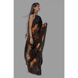 Orange satin patta printed saree with unstitched blouse - vibrant Indian women's wear, exquisite detailing